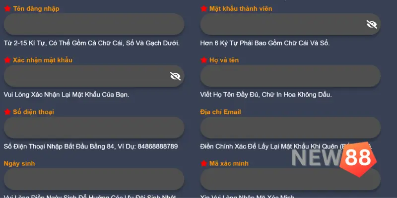 Đăng Ký Cung cấp thông tin cho New88 để đăng ký thành viên theo yêu cầu